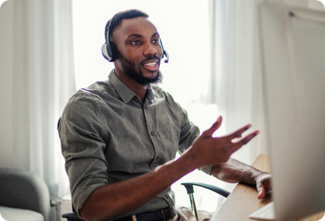 Professional wearing a headset and speaking on a call